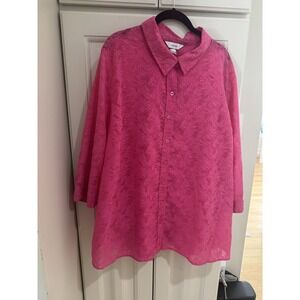 Womens Plus Size Cj Banks Pink Blouse Tropical Button Down 3/4 Sleeve‎ Top 3X